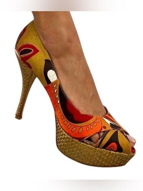Sergio Zelcer Handmade Platform Retro Mod Print Peep Toe Platform Shoe Size 8
